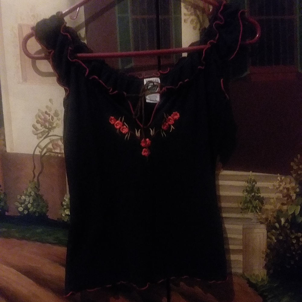Embroidered Red Flower Ruched Top